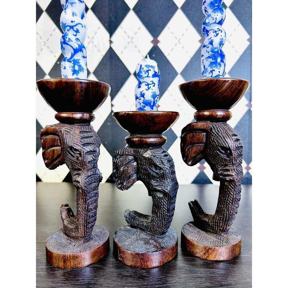 Hand Carved Zimbabwe Wooden Elephant Candle Holders Set of 3 African Safari - Picture 3 of 15